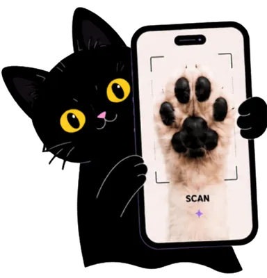 Black cat holding a phone with a paw scan